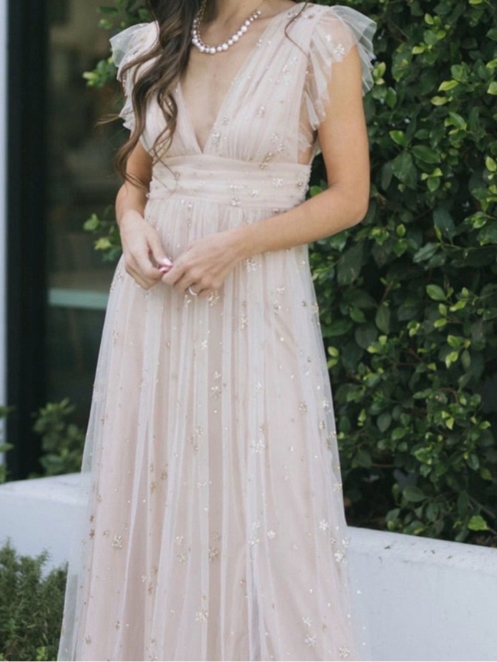 Blush V-Neck Embellished Tulle Maxi Dress